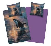 Boceoey Orca Whale Queen Size Bedding Sets, Arctic Fjord Sunset Duvet Cover Set with 2 Pillow Cases 50x75 cm, Ultrasoft Breathable Microfiber Duvet Cover with Zipper Closure, QE-52