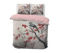 Boceoey Red Berries Queen Size Bedding Sets, Bird on Branch Zen Style Duvet Cover Set with 2 Pillow Cases 50x75 cm, Ultrasoft Breathable Microfiber Duvet Cover with Zipper Closure, QW-232