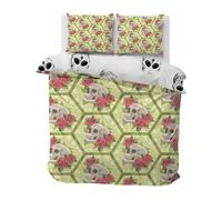 Boceoey Roses Floral Vine Skull Cot Bed Duvet Cover Set, Ultrasoft Microfiber Non Iron Bedding Set with Pillowcase and Zipper Closure, Tropical Gothic Style Mint Green & Blush Pink