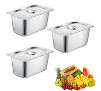 Bocguy Breading Bowls Set of 3, GN 1/9 Container, Breading Tray, Gastronorm Container, Stainless Steel with Lid, Dishwasher, Freezer for Cheese, Meat, Silver, 17.5 x 11 x 10 cm