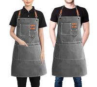 BOCHION Aprons for Women Men, Cotton Canvas Chef Apron with Adjustable Strap & Large Pockets, Cross Back Work Aprons for Kitchen Cooking, Baking, Gardening, Painting, Artist, One Size Fits All (Grey)
