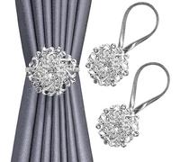 BOCHION Curtain Tie Backs, 2 Pack Sparkling Magnetic Curtain Tiebacks, Crystal Window Curtain Decorative Clips, Drapery Holdbacks With Stainless Spring Wire, No Drilling For Home Hotel Office (Silver)