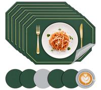 BOCHION Placemats and Coaster Sets 6 Non-Slip Washable Wipeable Place Mats, 30×43CM Dual Sided Two-Color Heat Insulation PU Leather Table Mats, for Kitchen Dinning Restaurant (Green Grey)