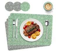 BOCHION Placemats, Washable Wipeable Table Mats Set of 4, 43 * 30 CM PU Leather Heat-Resistant Non Slip Place Mats, Table Placemats with Floral Texture for Home Kitchen Restaurant (Green & Grey)