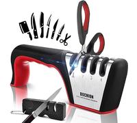 BOCHION Professional Knife Sharpener | 4 in 1 Manual Kitchen Knife & Scissor Sharpeners with Portable Camping Sharpener | 4 Stage Chef's Sharpening Tool with Non-Slip Base & Ergonomic Handle | Red