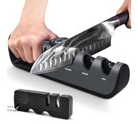 BOCHION Professional Knife Sharpener, 4 in 1 Manual Knife Sharpeners with Adjustable Angle Knob and Pocket Sharpener, Ergonomic Design Kitchen Knives and Scissors Sharpener, Non-Slip, Black Grey