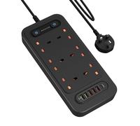 BOCHLION Extension Lead with 6 USB Slots, 6 Way Plug Extension Socket Surge Protection Power Strip with 2M Extension Cord Wall Mounted for Home Office-Black