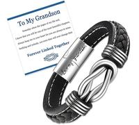 BOCHOI Grandson Stainless Steel Leather Bracelet for My Grandsons Christmas Gifts for Boy's Man Leather Bracelet for Boys, Adjustable Bracelet Presents for Anniversary Birthday Valentines Day 22.8cm