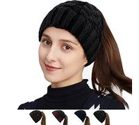 Bocianelli Womens Ponytail Beanie Hat with Button for Mask,Criss Cross Winter High Messy Bun Beanie Hat with Ponytail Hole