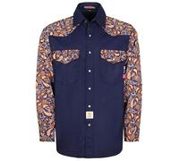 BOCOMAL FR Shirts Pearl Snaps Two Tone Plaid/Solid Flame Resistant Cotton Welding Shirt NFPA 2112 CAT 2, Navy/Paisley Blue, XXL