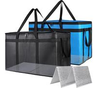 Bodaon 2PK Cooler Insulated Food Delivery Bag with Bottom for Doordash/Uber Eats, XXX-Large Thermal Bags for Catering/Hot Pizza, Travel/Camping/Picnic Basket，Grocery Reusable Warmer Frozen, Black-Blue