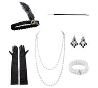 Bodeshis 1920s Accessories for Women, 6-Piece Gatsby Flapper Set with Headband, Gloves, Necklace, Earrings, Bracelet, Handheld Prop, Perfect for Roaring 20s Party, Halloween, Vintage Themed Events