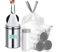 BODFPPC Bin Bags 20L, Tear-Free Drawstring Bin Liners, 20um Thickened Heavy Duty Tall Kitchen Bathroom Garbage Bags 20 Litres White 48 Counts