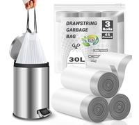 BODFPPC Bin Bags 30L, Tear-Free Drawstring Bin Liners, 20um Thickened Heavy Duty Tall Kitchen Bathroom Garbage Bags 30 Litres White 45 Counts