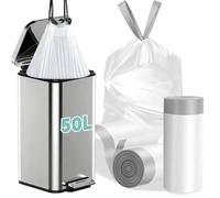 BODFPPC Bin Bags 50L, Tear-Free Drawstring Bin Liners, 20um Thickened Heavy Duty Tall Kitchen Bathroom Garbage Bags 50 Litres White 20 Counts