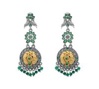Bodha Traditional Indian Antique Dual Two Tone Plated Traditional Floral Bird Design with Pearls Drop Long Earrings for Women (SJE_282_S_G)