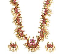 Bodha Traditional Indian Antique Gold Plated Temple Jewelry Traditional Long Bridal Jewelry Necklace Set for Women SJN_41, S, Brass, Cubic Zirconia
