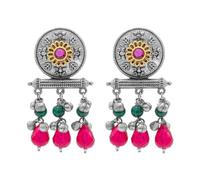 Bodha Traditional Indian Antique Matte Dual Two Tone Plated Traditional Floral Leaf Design with Pearls Drop Medium Earrings for Women (SJE_261_S_R_G)
