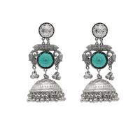 Bodha Traditional Indian Antique Oxidised Oxidized Silver CZ, Studded Drop Dangle Pearl Oversized Jhumka Jhumki Earrings for women (SJE_297_S_G)