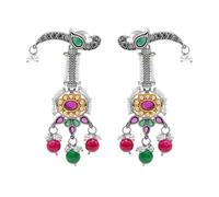 Bodha Traditional Indian Antique Silver Plated Oxidised Oxidized CZ, Pearl Studded Bird Design Long Drop Earring for Women (SJE_275_S_R_G)