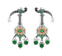 Bodha Traditional Indian Antique Silver Plated Oxidised Oxidized CZ, Pearl Studded Bird Design Long Drop Earring for Women (SJE_275_S_G)
