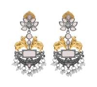 Bodha Traditional Indian Dual Two Tone Plated CZ, Pearl Studded Nandi Cow Chandbali Design Long Drop Earring For Women (SJE_274_S_LP)