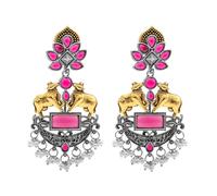 Bodha Traditional Indian Dual Two Tone Plated CZ, Pearl Studded Nandi Cow Chandbali Design Long Drop Earring For Women (SJE_274_S_M)