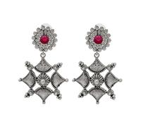 Bodha Traditional Indian Matte Antique Oxidised Silver CZ, Crystal Studded Drop Earring For Women - Turquoise (SJE_227_M)