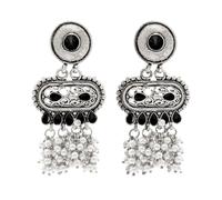 Bodha Traditional Indian Matte Antique Oxidised Silver CZ, Crystal Studded Drop Earring For Women - Turquoise (SJE_226_BK)