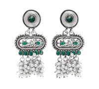 Bodha Traditional Indian Matte Antique Oxidised Silver CZ, Crystal Studded Drop Earring For Women - Turquoise (SJE_226_G)