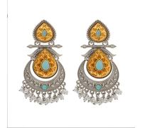 Bodha Traditional Indian Matte Antique Oxidised Silver CZ, Crystal Studded Drop Earring For Women - Turquoise (SJE_229_AQ)