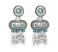 Bodha Traditional Indian Matte Antique Oxidised Silver CZ, Crystal Studded Drop Earring For Women - Turquoise (SJE_226_AQ)