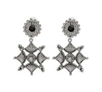 Bodha Traditional Indian Matte Antique Oxidised Silver CZ, Crystal Studded Drop Earring For Women - Turquoise (SJE_227_BK)