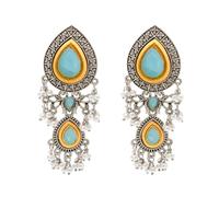 Bodha Traditional Indian Matte Antique Oxidised Silver CZ, Crystal Studded Drop Earring For Women - Turquoise (SJE_228_AQ)