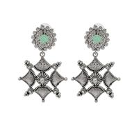 Bodha Traditional Indian Matte Antique Oxidised Silver CZ, Crystal Studded Drop Earring For Women - Turquoise (SJE_227_LG)
