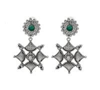 Bodha Traditional Indian Matte Antique Oxidised Silver CZ, Crystal Studded Drop Earring For Women - Turquoise (SJE_227_G)
