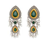 Bodha Traditional Indian Matte Antique Oxidised Silver CZ, Crystal Studded Drop Earring For Women - Turquoise (SJE_228_G)