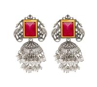 Bodha Traditional Indian Matte Antique Oxidised Silver CZ, Crystal Studded Peacock Drop Earring For Women - Turquoise (SJE_225_M)