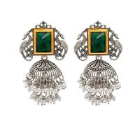 Bodha Traditional Indian Matte Antique Oxidised Silver CZ, Crystal Studded Peacock Drop Earring For Women - Turquoise (SJE_225_G)