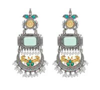 Bodha Traditional Indian Matte Antique Silver Changbali Chandelier Dual Two Tone Plated CZ, Pearl Studded Over Sized Drop Bridal Earring For Women (SJE_262_LG)
