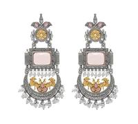 Bodha Traditional Indian Matte Antique Silver Changbali Chandelier Dual Two Tone Plated CZ, Pearl Studded Over Sized Drop Bridal Earring For Women (SJE_262_LP)