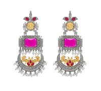 Bodha Traditional Indian Matte Antique Silver Changbali Chandelier Dual Two Tone Plated CZ, Pearl Studded Over Sized Drop Bridal Earring For Women (SJE_262_M)