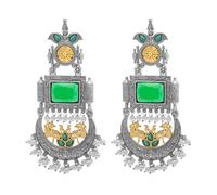 Bodha Traditional Indian Matte Antique Silver Changbali Chandelier Dual Two Tone Plated CZ, Pearl Studded Over Sized Drop Bridal Earring For Women (SJE_262_G)