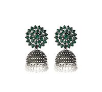 Bodha Traditional Indian Silver Antique Oxidised Traditional Ethnic Jhumka With CZ & Pearls Earrings for Women, Cubic Zirconia, No Gemstone,