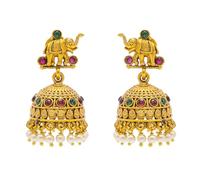 Bodha Traditional Indian Temple jewellery inspired Matte Gold Color Medium Size Jhumka Earrings with Kundan & Pearl for (Brides) Women - Elephant Design (SJE.311)