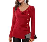 Bodhi talk Blouse Women's Elegant Glitter Long Sleeve Shirt with Waterfall Neck Festive Tops for Party and New Year's Eve, cherry red, M
