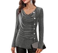 Bodhi talk Blouse Women's Elegant Glitter Long Sleeve Shirt with Waterfall Neck Festive Tops for Party and New Year's Eve, black/silver, L