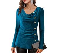 Bodhi talk Blouse Women's Elegant Glitter Long Sleeve Shirt with Waterfall Neck Festive Tops for Party and New Year's Eve, Kingfisher Blue, XL