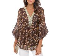 Bodhi talk Elegant Women's Blouse 3/4 Ruffle Sleeves Glitter Tunic V-Neck Double Layer Mesh Blouse Festive Tops for Perfect Everyday and Party, Brown Blossoms, XL