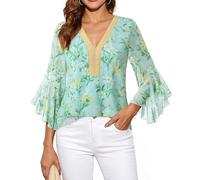 Bodhi talk Elegant Women's Blouse 3/4 Ruffle Sleeves Glitter Tunic V-Neck Double Layer Mesh Blouse Festive Tops for Perfect Everyday and Party, Blossom Green, L